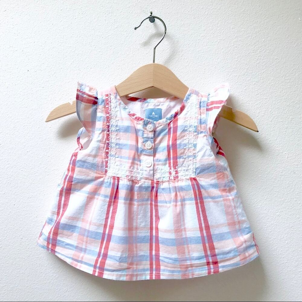 Baby GAP Pink and Blue Ruffle Sleeve Plaid Tank Top  Baby Girl Size 3-6 Months